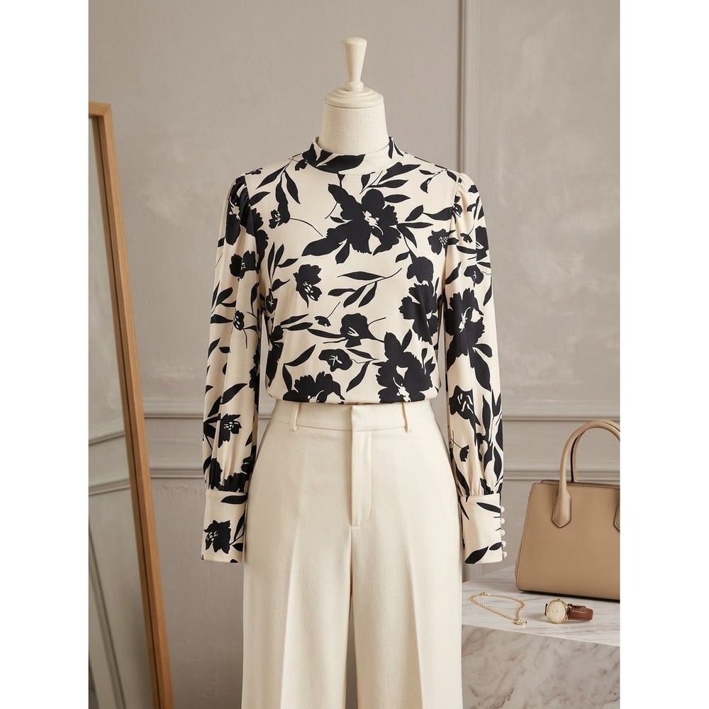 Qirno Women Mock Neck Floral Blouse Long Sleeve Pearl Button Cuff Cream Black